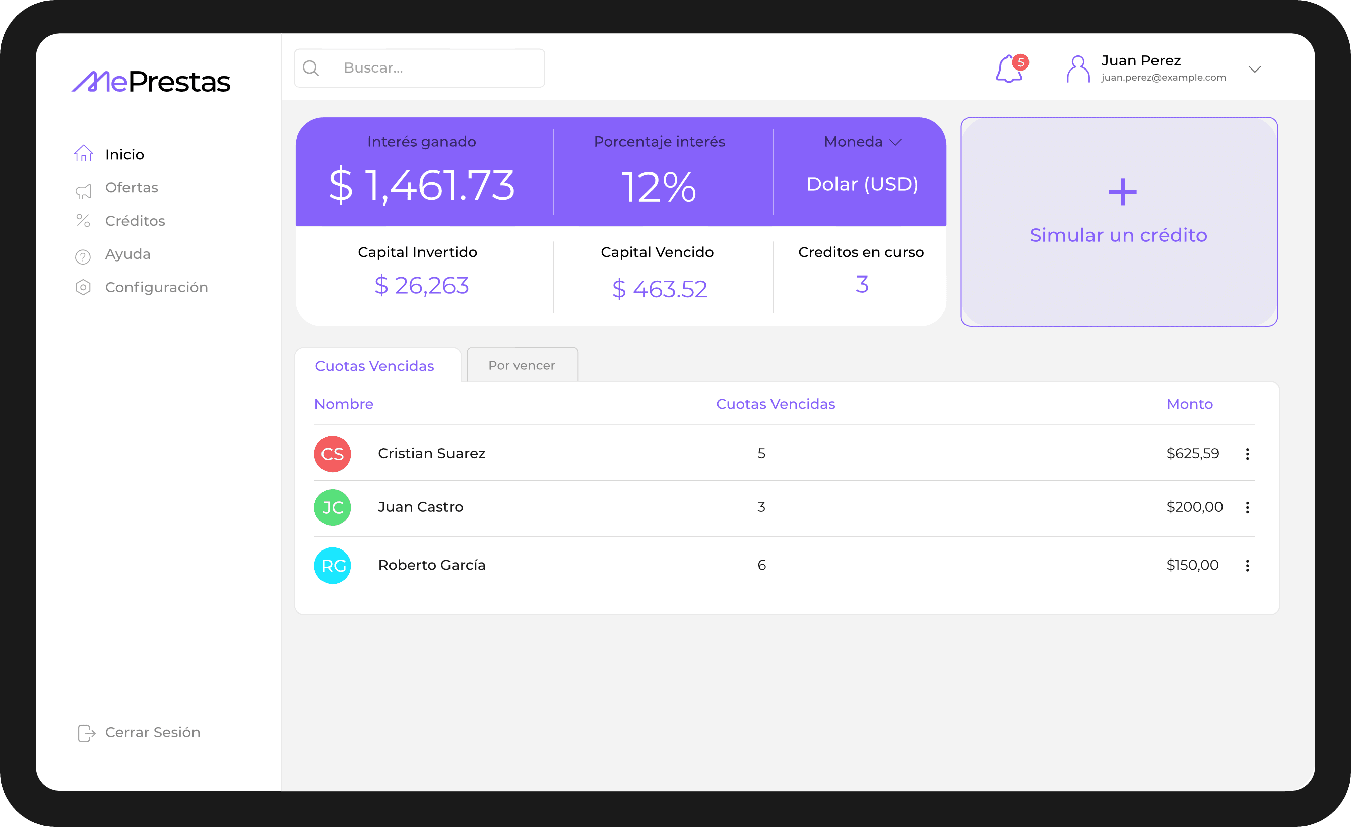 Interfaz de Me Prestas